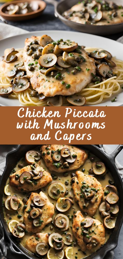 Chicken Piccata with Mushrooms and Capers | Cheff Recipes Chicken Mushroom Piccata Recipe, Chicken Piccata With Mushrooms, Chicken Recipes With Capers, Mushroom Caper Sauce, Recipes Using Capers, Chicken With Capers Recipe, Mushroom Piccata, Chicken And Capers, Recipes With Capers