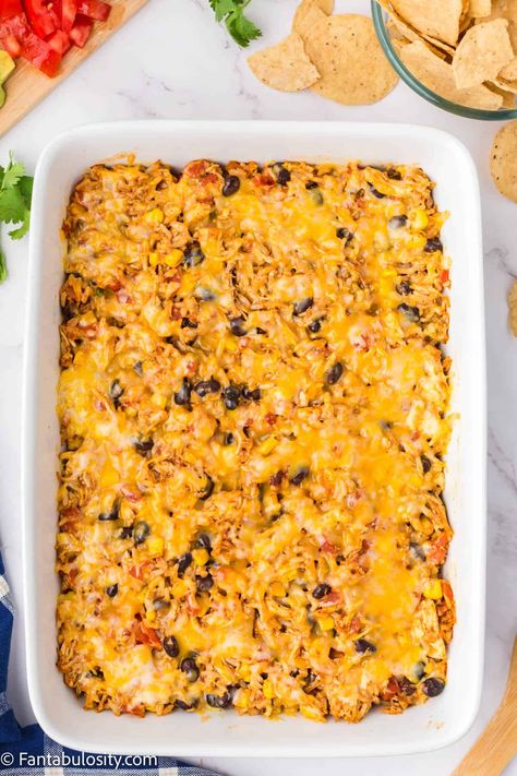 Talk about a delicious and easy dinner idea! This taco chicken casserole is a must for dinner! Simple ingredients and so much flavor! #casserole #recipe #taco #chicken Taco Chicken Casserole, Chicken Taco Bake, Chicken Rotel, Easy Chicken Taco, Taco Casserole Bake, Black Beans Rice, Chicken Taco Casserole, Baked Tacos Recipe, Taco Chicken