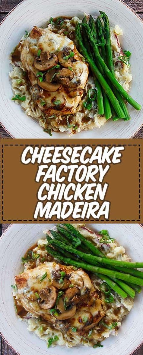 Chicken Madeira is a sublime dinner! Tender, juicy chicken with a rich wine sauce covered in melted mozzarella cheese and sauteed mushrooms. Serve over mashed potatoes for a hearty, comforting meal. Make incredible Chicken Madeira with this easy Cheesecake Factory copycat recipe and video. #chickendinner #winerecipes #madeira #dinnertime #copycat #copycatrecipes Chicken Marsala Cheesecake Factory, Chicken Madiera Recipes, Cheesecake Factory Copycat Recipes Chicken, Cheesecake Factory Chicken Madeira, Chicken Madeira Cheesecake Factory, Cheesecake Factory Copycat Recipes, Cheesecake Factory Chicken, Chicken Madeira, Louisiana Chicken Pasta