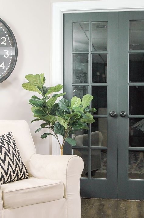 Pantry doors in a green shade  The Power of Paint: Dark Painted Interior Doors White Plank Walls, Painted French Doors, French Door Interior, Painted Interior Doors, Interior French Doors, Door Paint, Door Colors, Door Interior, Retro Interior