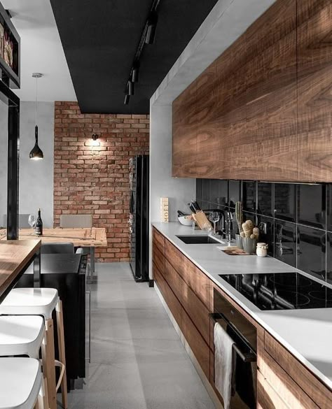 White Wood Kitchens, Interior Design Minimalist, Kabinet Dapur, Industrial Style Kitchen, Kitchen Inspiration Design, Trendy Kitchen, Style Kitchen, Minimalist Kitchen, Black Kitchens