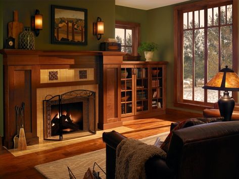 Dark Craftsman Interior, Craftsman Style Decorating Ideas, Craftsman Living Rooms, Craftsman Style Interiors, Craftsman Home Decor, Craftsman Interiors, Craftsman Living Room, Craftsman Fireplace, Arts And Crafts Interiors