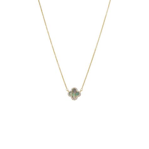 Infuse your look with elegance and good fortune with the Pave Outlined Four Leaf Clover Necklace from Adina Eden. Crafted from high-quality brass and plated in radiant 14K gold, this necklace features a charming four-leaf clover pendant adorned with an array of natural stones, including Mother of Pearl, Onyx, Malachite, and Turquoise, each adding a unique touch of color. The clover, outlined in sparkling clear CZ stones, measures 12mm and is a symbol of luck and prosperity. With a length of 16 i Four Leaf Clover Necklace, Clover Necklace, Four Leaf Clover, Turquoise Gemstone, Cz Stone, Mother Of Pearl, Onyx, Jewelry Collection, Gemstones