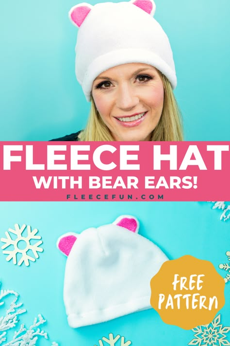 a fleece hat with bear ears, similar to white polar bears, perfect for halloween and winter, made with free pattern and step by step tutorial from fleece fun Fleece Hat Pattern, Beanie With Ears, Fleece Hats, Cozy Accessories, Hat Patterns Free, Fleece Hat, Hat Tutorial, Bear Ears, Bear Hat