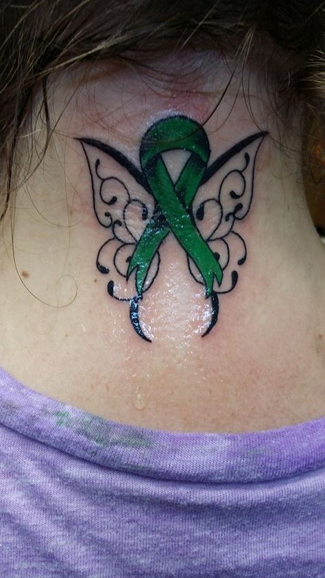 Neuromyelitis Optica green support ribbon tattoo Kidney Awareness Tattoo, Green Ribbon Tattoo, Ribbon Butterfly Tattoo, Kidney Tattoo, Health Tattoo Ideas, Kidney Awareness, Awareness Tattoos, Transverse Myelitis, Celtic Tattoo For Women