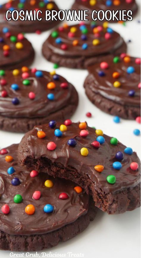 Cosmic brownie cookies topped with chocolate frosting and bright candies on a white tray. Chewy Brownie Cookies, Cosmic Brownie Cookies, 3 Ingredient Butter Cookies, Smores Cookie, Chocolate Pudding Desserts, Brownie Treats, Cookie Contest, Cosmic Brownies, Chocolate Ganache Frosting