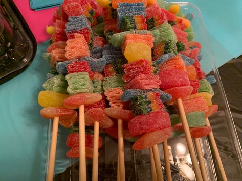 Favorite gummies on a stick! Candy On Stick Ideas, Stick Candy, Candy On A Stick Ideas, Gummy Sticks, Pixie Sticks Candy, Fruit Sticks, Candy Kabobs, Bbq Party Invitations, Candy Sticks