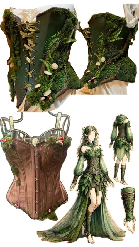 Green corset with plants vibes I don't know Woodland Goddess Costume, Queen Of The Jungle Costume, Fairy Garden Costume Ideas, Elements Of Nature Fashion Show, Tree Fairy Costume, Fantasy Fairy Costume, Mushroom Fashion Design, Forest Elf Costume Diy, Fairy Renfaire Outfit