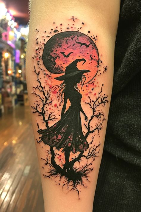 anime witch 15 Raven Witch Tattoo, Pagan Tattoo Ideas Witches, Halloween Tree Tattoo, Hag Tattoo, Moon Witch Tattoo, Dark Fantasy Tattoo Ideas, Witch Tattoo Flash, Small Witch Tattoo Ideas, Witchy Sleeve Tattoo