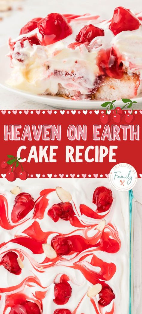 Heaven on Earth Cake is a layered dessert that is so easy to make with prepared ingredients. Layers of angel food cake, cherry pie filling, and layers of creamy pudding and whipped topping. Cherry Angel Food Cake Dessert, Vanilla Pudding Cake, Heaven On Earth Cake, Angel Food Cake Recipes, Berry Pie Filling, Pudding And Cool Whip, Trifle Cake, Waffle Cone Recipe, Earth Cake