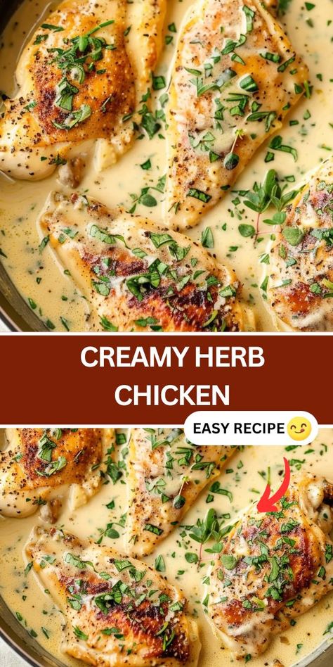 Discover the ultimate Creamy Herb Chicken recipe! Made with tender chicken breasts, garlic, and a rich blend of sage, thyme, and rosemary, this dish is perfect for a delicious weeknight dinner. Simmered in a creamy sauce with white wine and Dijon mustard, it’s full of savory flavors that will elevate any meal. Ready in just 30 minutes, this easy skillet chicken recipe is ideal for busy families and special occasions alike. Save this recipe and enjoy a restaurant-quality dish at home! Chicken Thyme Recipes, Creamy Herb Chicken, Skillet Chicken Recipes, Skillet Chicken Recipes Easy, Herb Chicken Recipes, Easy Skillet Chicken, Creamy Mushroom Chicken, Creamy Chicken Recipes, Thyme Chicken