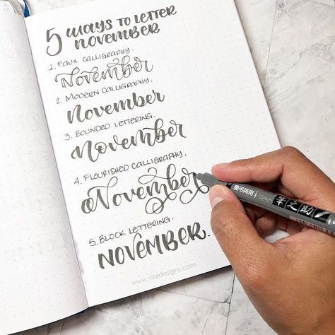 Learn how to letter November 5 different ways | Lettering for bullet journal | #vialdesigns #learnlettering #letteringforbulletjournal #bulletjournallettering Free Lettering Worksheets, Hand Lettering Worksheet, Free Calligraphy Fonts, Calligraphy Tutorial, Faux Calligraphy, Handwriting Alphabet, Free Script Fonts, Script Monogram, Letter Form