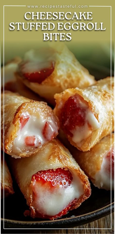 These Strawberry & Cheesecake Stuffed Eggroll Bites are the perfect blend of crispy and creamy. With a cheesecake filling and fresh strawberry mixture wrapped in a golden, fried eggroll wrapper, these bites are topped with a sweet glaze for an indulgent treat that’s sure to impress at any gathering or party. Fruit Filled Eggrolls, Strawberry Cheesecake Egg Rolls Recipe, Strawberry Cheesecake Eggrolls, Stuffed Food Ideas, Fried Eggroll, Cheesecake Deviled Strawberries, Strawberry Cheesecake Egg Rolls, Finger Desserts For Parties, Eggroll Wrapper Recipes