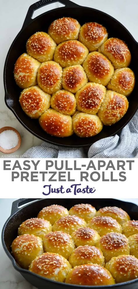 These pillowy dinner rolls have the classic chewiness and taste of soft pretzels and are a breeze to make. Whip them up as a side dish or halve them for the ultimate slider buns! | Easy Pull-Apart Pretzel Rolls recipe from justataste.com #softpretzels #dinnerrolls #pretzelrecipe #justatasterecipes Pretzel Rolls Recipe, Pretzel Roll Recipe, Best Biscuit Recipe, Honduran Recipes, Pretzel Rolls, Pretzel Bun, Homemade Soft Pretzels, Homemade Bread Easy, Soft Pretzel