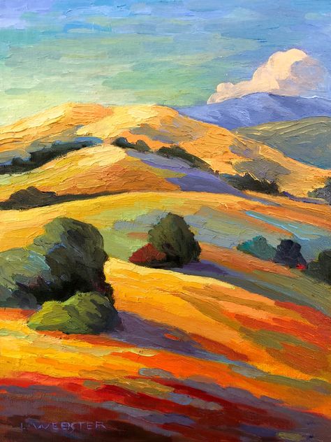 Simple Painted Landscapes, Abstract Landscape Painting Mountains, Colourful Landscape Art, Oil Painting Landscape Impressionism, Abstract Nature Painting Landscapes, Color Value Painting, California Landscape Paintings, Expressive Landscape Painting, Atmospheric Landscape Painting