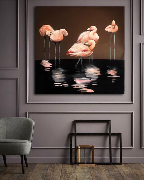 Flamingo Painting, Flamingo Art, Handmade Oil, Hand Painted Artwork, Stylish Home Decor, Large Wall, Pink Flamingos, Painting Style, Metallic Paint