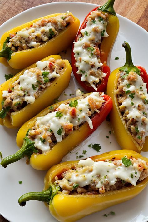 Stuffed Banana Peppers Recipe

Ingredients

- 4 large banana peppers
- 1 cup cooked rice
- 1/2 pound ground beef or turkey
- 1 cup diced tomatoes
- 1 teaspoon garlic powder
- 1 teaspoon onion powder
- 1 cup shredded cheese (cheddar or mozzarella)

Instructions

- Preheat the oven to 375°F. 
- In a skillet over medium heat, cook the ground beef or turkey until browned; drain excess fat. Add cooked rice, diced tomatoes, garlic powder, and onion powder; mix well. 
- Full Recipe on... Stuffed Banana Peppers Recipe, Banana Peppers Recipe, Candy Cane Cookie Recipe, Recipes With Banana Peppers, Banana Zucchini Muffins, Cheese Cheddar, Banana Peppers, Cooked Rice, Savory Appetizer