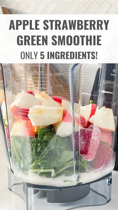 Apple Strawberry Green Smoothie recipe. Just 5 ingredients. Green Smoothie With Strawberries, Strawberry Green Smoothie, Strawberry Apple Smoothie, Apple Juice Smoothie Recipes, Green Apple Smoothie Recipes, Apple Juice Smoothie, Strawberry Vanilla Smoothie, Green Apple Recipes, Blood Type O Diet