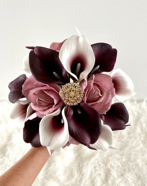 Pricing In Description Dusty Rose Bouquet Burgundy Cascading | Etsy Dusty Rose And Black Bouquet, Calla Lily Rose Bouquet, Burgundy Calla Lily Bouquet, Mauve Bouquet, Dusty Rose And Black Wedding, Lilly Bouquet Wedding, Calla Lillies Wedding, Pink And Burgundy Wedding, Calla Lily Bridal Bouquet