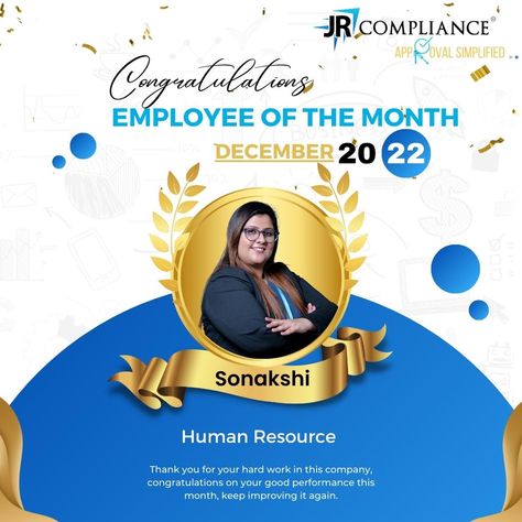 Celebrating our Employee of the Month! 🎉🎊 Congratulations on your hard work and dedication, Sonakshi! Thank you for setting a great example for the team! #EmployeeOfTheMonth #TeamPlayer #EmployeeRecognition #GoAboveAndBeyond #HardWorkPaysOff #CelebratingSuccess #WorkplaceExcellence #EmployeeAppreciation #OutstandingPerformance Employee Of The Month Ideas, Birthday Letter Template, Office Snapchat, Employee Of The Month Poster, Congratulations Poster Design, Reward And Recognition, Celebrating Success, Employee Of The Month, Birthday Letter