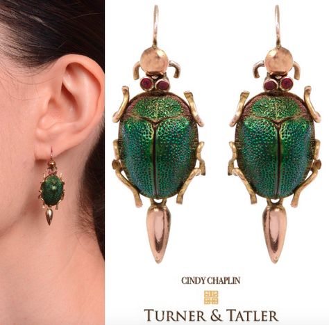 English Egyptian Revival period genuine scarab beetle shell #earrings set in 15 KT. #gold with #ruby set eyes each with a gold teardrop dangling drop. At Turnerandtatler.com Beetle Shell, Bug Jewelry, Beetle Wings, Ruby Set, Wing Jewelry, Scarab Beetle, Insect Jewelry, Egyptian Revival, What Is The Difference Between