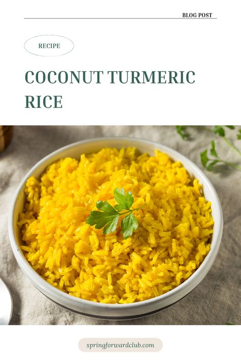 Elevate your dinner game with our Coconut Turmeric Rice recipe! A fragrant blend of fluffy rice, aromatic spices, and creamy coconut milk, this dish is a symphony of flavors and colors. The earthy turmeric adds a vibrant hue and anti-inflammatory benefits. Give your taste buds a tropical getaway with this easy-to-make, unforgettable side dish. Coconut Turmeric Rice, Coconut Curry Rice, Turmeric Rice Recipe, Tumeric Rice, Curry Rice Recipes, Healing Spices, Cooking With Turmeric, Turmeric Rice, Delicious Rice