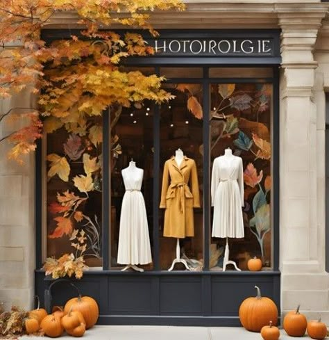 Autumn Leaves Window Display, Autumn Retail Display, Fall Boutique Window Display, Autumn Window Display Retail, Store Front Window Display, Fall Store Window Displays, Boutique Store Front Ideas, Fall Store Displays, Fall Window Display