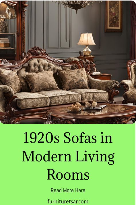 1920s Sofas in Modern Living Rooms Mixing Modern And Antique Furniture Living Room, Vintage Sofa Aesthetic, 1920s Sofa, 1920 Home Decor Interior Design, Vintage Couch Living Room, Vintage Sofa Living Room, Art Deco Furniture 1920s, 1920s Living Room, Sofa Aesthetic