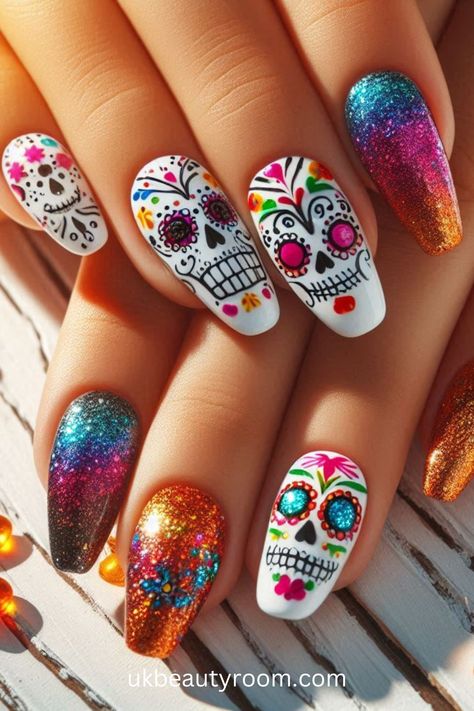 Day Of The Dead Nails Acrylic, Sugar Skull Nails Designs, Day Of The Dead Nails, Skull Nail Designs, Sugar Skull Nails, Nails For Halloween, Nail Designs For Spring, Mexican Nails, Black Halloween Nails