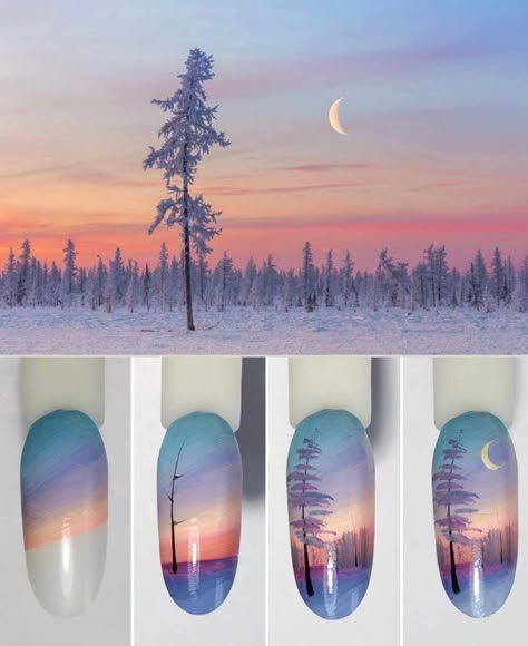 Nail Art Scenery, Landscape Nail Art Designs, Nail Art Landscape, Scenic Nail Art, Scenery Nail Art, Landscape Nail Art, Silhouette Nails, Christmas Nail Designs Easy, Cartoon Nail Designs