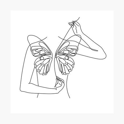 Woman Butterfly Line Art. Woman line art print. female line drawing by OneLinePrint | Redbubble Minimalistic Woman Drawing, Butterfly Woman Drawing, Line Art Design Butterfly, Woman Minimalist Drawing, Line Butterfly Drawing, Fine Line Drawing Ideas, Outline Art Aesthetic, One Line Art Butterfly, One Line Drawing Butterfly