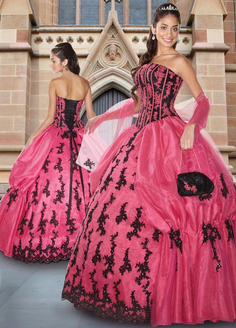 Pink And Black Dress, Lizzie Hearts, Easter Dresses For Toddlers, Black Ball Gown, Cheap Gowns, Quinceanera Dresses Pink, Pretty Quinceanera Dresses, Quince Dress, Pink Wedding Dresses