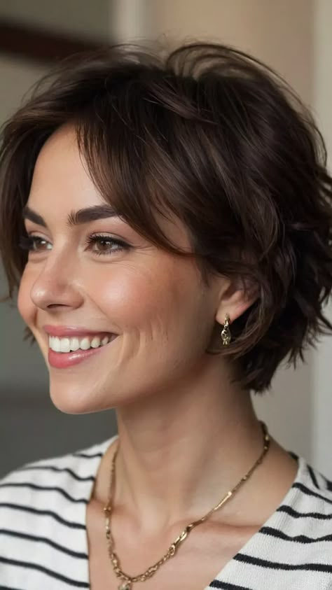 Round Pixie Haircut, Hair Cuts Women Short, Girly Pixie Cuts, Short Hair For Thinner Hair, Short Feminine Hair, Jaw Length Hairstyles, Pixie Haircut Round Face, Chin Length Bob Haircut, Hair Styles With Bang