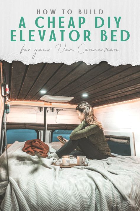 An elevator bed is the perfect solution for your camper van or tiny home! Maximize your storage space and never worry about having to take apart the bed with a cheap DIY elevator bed. #vanlifeideas #vanlifeinspiration #tinyhousedesign #campervanbed #vanconversion #sprinter 2 Bed Van Conversion, Elevator Bed, Campervan Bed Ideas, Camper Van Bed Ideas, Elevator Bed Diy, Rv Beds Ideas, Elevator Bed Camper, Van Elevator Bed, Cheap Van