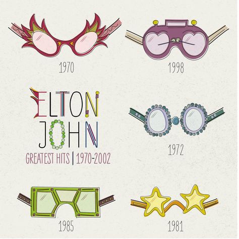 Vinyl album redesign for Elton John's 'Greatest Hits: 1970-2002'. The goal was to capture the essence of his unique style and fashion sense by showcasing his most famous accessory: glasses. Elton John Glasses, Album Redesign, Benny And The Jets, Elton John Costume, Glasses Tattoo, Vinyl Record Album, Blues Rock, Record Album, Elton John