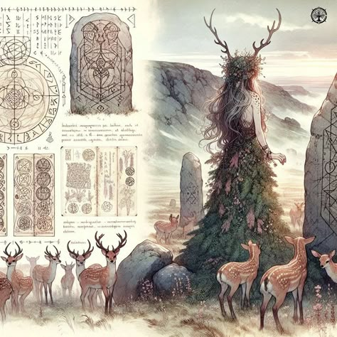 Field Guide | Volume II | Pages 9 - 12: "Of Fir and Fawns" #aiart #aiartwork #aiartcommunity #aiconceptart #fantasy #fantasyart #fantasynature #fantasylandscape #fieldguide #beastiary #fir #fawns #moorland #runestones Fae Wild, Fey Realm, Dnd Fey, Manga Writing, Fairy Concept, Secret Witch, Fairytale Places, Mystical Beings, Classic Fantasy