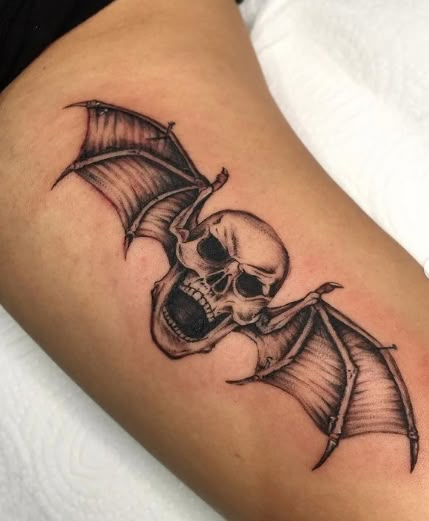 31 Best Avenged Sevenfold Fan Tattoos - NSF - Music Magazine Deathbat Tattoo Avenged Sevenfold, Metal Music Tattoo Ideas, Avenge Sevenfold Tattoo, Metal Head Tattoos, Avenged Sevenfold Tattoo Ideas, Emo Tattoos For Guys, Metal Music Tattoo, Metal Band Tattoos, Metal Tattoo Ideas