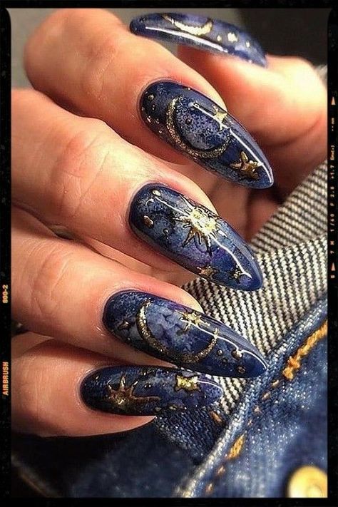 Warning: These nail art ideas may cause extreme jealousy and an overwhelming desire to promptly schedule your next appointment at the salon! So, if you’re not prepared to have the most enviable nails in town, it may be best to turn back now.  . Nails Cheetah, Sun Nails, Dark Blue Nails, Witchy Nails, Sky Nails, Moon Nails, Simple Nail Art Designs, Blue Nail, Nails Polish