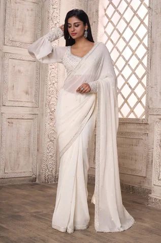 Shop for Ariyana Couture Off White Border Embroidered Saree With Bishop Sleeve Blouse for Women Online at Aza Fashions White Saree Blouse, Off White Saree, Bishop Sleeve Blouse, Saree Jackets, Saree Ideas, Sarees For Girls, Full Sleeve Blouse, Fancy Sarees Party Wear, Simple Sarees