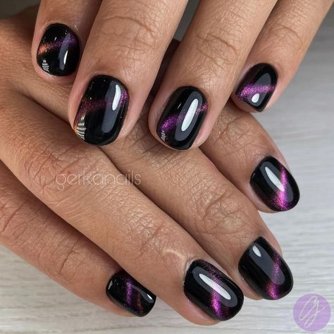 Fall Cat Eye Nails 2024 25 Ideas: A Complete Guide to Stunning Manicures Black With Red Cat Eye Nails, Fall Cat Eye Nails 2024, Dark Purple Cat Eye Nails, Halloween Nails Cat Eye, Cat Eye Short Nails, Halloween Cat Eye Nails, Black Cat Eye Nails Design, Short Cat Eye Nails, Cat Eye Nail Ideas