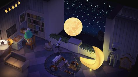 Animal Crossing Starry Room, Acnh Characters, Acnh Hhp, Celestial Home, Moon Chair, Space Animals, Acnh Inspo, Space Room, Island Ideas