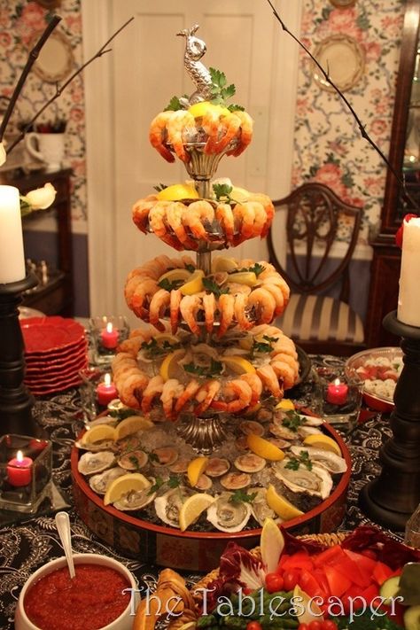 Seafood Platter Presentation, Shrimp Display, Shrimp Tower, Cocktail Tower, Platter Presentation, Seafood Tower, Seafood Cocktail, Red Dishes, Seafood Gumbo