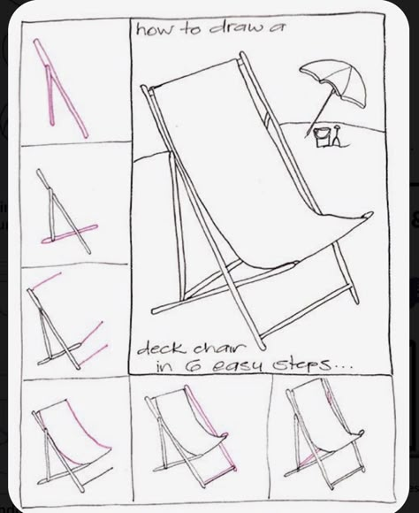 Drawing Chair, Beginner Drawing Lessons, Beach Art Painting, Driftwood Art Diy, Beach Artwork, Drawing Step, Beach Watercolor, Beach Chair, Happy Paintings