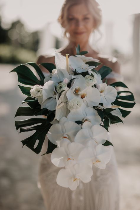 Bridal Bouquet With Monstera, Wedding Bouquets White Orchids, Tropical Cascading Bridal Bouquet, Monstera Leaf Wedding Decor, Monstera Bridal Bouquet, Banana Leaf Bouquet, Tropical Orchid Bouquet, Modern Tropical Wedding Centerpieces, Tropical White Bouquet