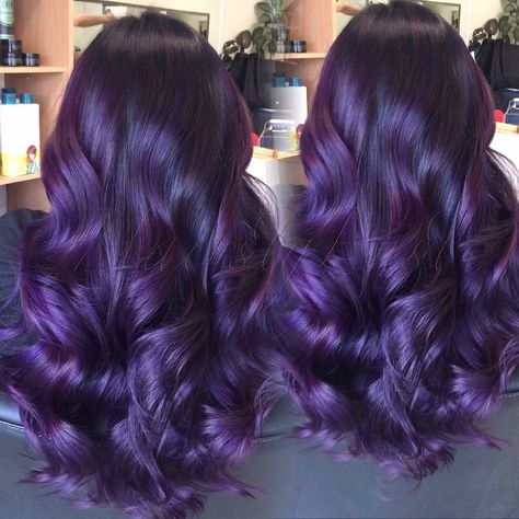 Purple For Dark Hair, Dark Purple Into Light Purple Hair, Darker Purple Hair, Dark Purple Hair With Light Purple Highlights, Dark Purple Hair Ideas, All Purple Hair, Hair Color Ideas For Brunettes Purple, Dr Pepper Hair Color, Black And Violet Hair