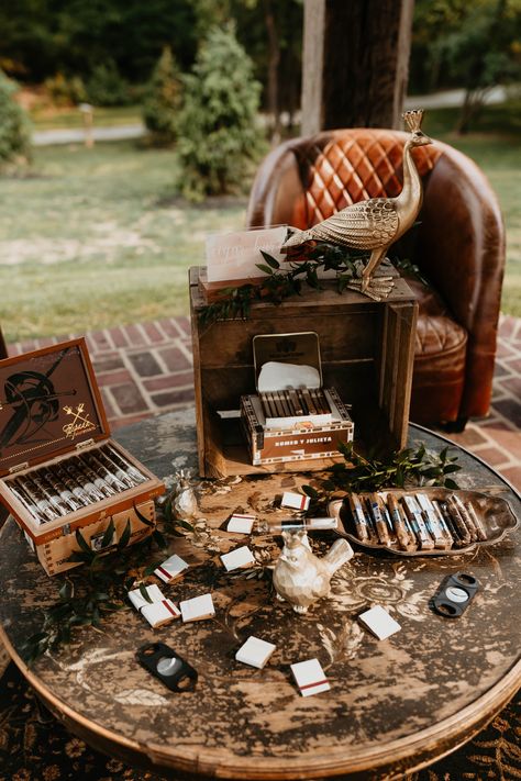 Cigar station for a wedding at a Historic Shady Lane in Central Pa Whiskey And Cigars Party, Wedding Cigars Ideas, Whiskey Display Ideas, Bourbon Bar Wedding, Speakeasy Wedding Reception, Cigars Wedding, Whiskey And Cigars, Bourbon Wedding, Historical Wedding