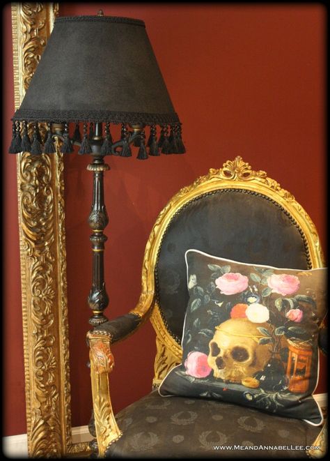 DIY Victorian Gothic Black Lamp shade | Black & Gold Goth Home Decor | Beaded Tassel Fringe | www.MeandAnnabelLee.com Blue Home Decor Ideas, Gold Goth, Victorian Floor Lamps, Diy Floor Lamp, Pleated Lamp Shades, Boho Lamp, Annabel Lee, Antique Lamp Shades, Chic Lamp