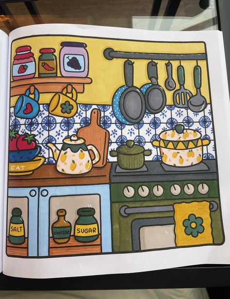 Coloring the kitchen page from coco wyo little corner, using blue tile pattern and lemon print, wood grain - inspiration from mellycolors on tiktok  Blue yellow and green color scheme, cottage kitchen  Using ohuhu honolulu alcohol brush markers Colouring Book Inspiration, Marker Coloring Ideas, Grocery Store Coloring Pages, Colouring Pattern Ideas, Coloring Page Inspiration, Wood Pattern Drawing, Coloring Pages Ideas Finished, Little Corners Coloring Book, Coloring With Alcohol Markers