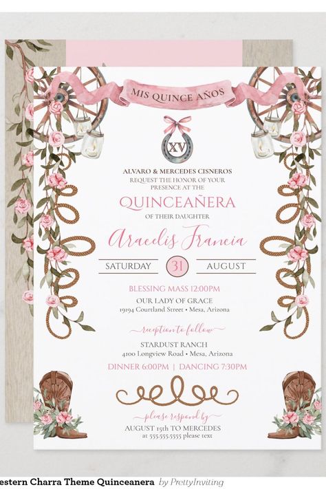 Pink Rustic Boho Western Charra Theme Quinceanera Invitation Quinceanera Charro Theme, Charro Theme Quinceanera, Pink Quinceanera Theme, Quinceanera Charro, Rustic Quinceanera, Theme Quinceanera, Charro Theme, Quinceanera Theme, Pink Quinceanera