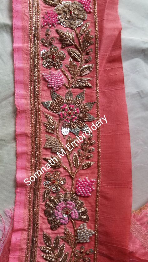 Embroidery Dabka Work Design, Hand Work Border Design, Border Hand Embroidery Designs Patterns, Dabka Work Embroidery Border, Embroidery On Pink Fabric, Hand Embroidery On Saree, Dabka Work Embroidery Suits, Hand Work Embroidery Suits, Zari Work Embroidery